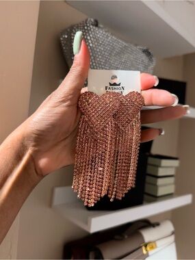 Fashion Jewelry Rose Gold Heart Tassel Rhinestone Earrings